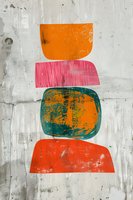 Abstract geometric shapes in orange, pink, and teal arranged vertically on textured gray background create modern minimalist art composition with distressed effect.