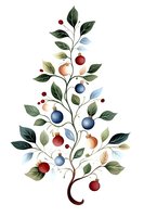 Decorative botanical composition with red and blue ornaments arranged in tree shape on white background. Watercolor style holiday art for cards and prints.