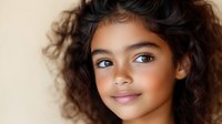 Young mixed race girl with curly dark hair and radiant smile against light background, natural makeup and glowing skin showcasing genuine happiness and confidence.
