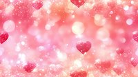 Romantic pink and coral bokeh background with glowing hearts and sparkles creates dreamy Valentine's Day atmosphere for greeting cards and festive designs.