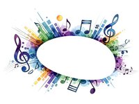 Colorful musical notes and treble clef symbols forming decorative border around white oval space for text on transparent background.