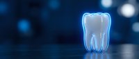 Glowing tooth with blue neon outline on dark background for dental care, oral health and dentistry concepts in medical presentations and healthcare marketing.