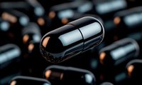 Black glossy capsule pill floating against dark background with multiple pills. Pharmaceutical and medical concept showing modern drug design and innovation.