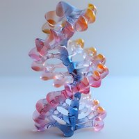 Artistic glass DNA double helix structure in pink, blue and orange gradient colors with translucent effect perfect for scientific or medical design projects and educational materials.