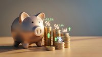 Ceramic piggy bank with stacked golden coins and financial growth percentage symbols representing savings, investment returns, and wealth accumulation for business finance concepts.