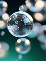 Transparent soap bubble floating in air with smaller bubbles inside against blurred bokeh background in teal and gold tones, macro photography showing surface tension.