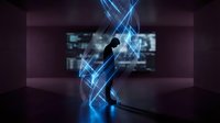 Silhouette of male figure interacting with glowing blue digital data streams and holographic interface elements in dark tech environment for futuristic business concepts.