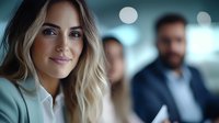 Young Caucasian businesswoman with blonde hair smiling confidently in office setting, with blurred coworkers in background. Professional corporate environment with modern lighting.