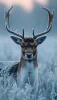 Majestic fallow deer stag with impressive antlers standing in frosty winter grassland during golden hour light for wildlife photography and nature content.