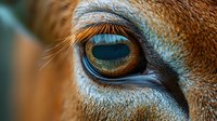 Close-up of brown cow eye with detailed eyelashes and golden iris showing natural farm animal anatomy for agricultural and veterinary educational content.