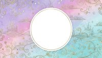 Pastel gradient background with ornate golden swirls and blank circle frame for text or logo design on dreamy fairy tale landscape with castles.