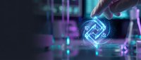 Hand touching glowing blue AI chip symbol with digital network connections and futuristic holographic interface technology background.