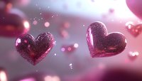 Sparkling pink crystal hearts floating in dreamy atmosphere with glowing bokeh particles and soft romantic lighting for Valentine's Day designs and love concepts.