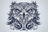 Ornate owl face design with intricate swirls and decorative patterns in dark blue monochrome style against light background, featuring fierce eyes and tribal elements.