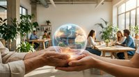 Hands holding glowing Earth globe in modern office with diverse team working on sustainable business solutions and environmental responsibility projects.