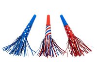 Three patriotic pom poms with blue stars, red and white stripes, and red stars on white background. Isolated cheerleading props for events, celebrations, and promotional designs.