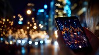 Person holding smartphone displaying financial chart against blurred urban nighttime background with bokeh lights and city skyline illumination.
