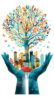 Cupped hands holding cityscape with blooming tree, butterflies and buildings in vibrant autumn colors. Artistic environmental concept on white background.