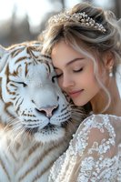 Young Caucasian bride in lace wedding dress and pearl crown poses with white tiger, eyes closed in serene expression, creating magical fantasy portrait.