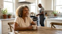 Happy African American woman enjoying morning coffee in modern kitchen while husband cooks breakfast in bright home interior with natural light.