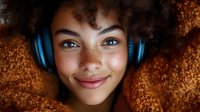 Young African American woman with natural curly hair and freckles wearing blue headphones smiles warmly at camera against dark background. Genuine expression captures joy of music.