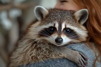 Young woman with reddish-brown hair holding a curious raccoon with distinctive black mask markings and striped tail. Wildlife portrait suitable for nature, animal care, and lifestyle content.