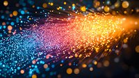 Vibrant optical fiber strands emitting glowing blue and orange light particles against dark background, creating dynamic motion effect for technology and communication designs.