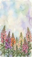 Watercolor snapdragon flowers in pink, purple, orange and yellow tones against a soft pastel sky background with copy space.