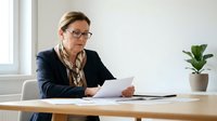Professional businesswoman with glasses reviewing documents at modern office desk with plant in bright workspace for corporate presentations.