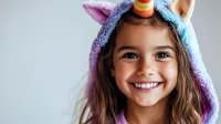 Young girl wearing colorful unicorn hooded costume smiling brightly at camera, showing genuine happiness and playful expression against light background.