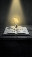 Glowing light bulb floating above open book with creative sketches and diagrams on wooden surface under dramatic spotlight for innovation and learning concepts.