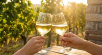 Two hands toasting with white wine glasses at sunset in vineyard with golden light and grape vines creating romantic celebration moment for couples.