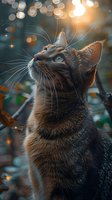 Beautiful brown cat with bright blue eyes gazing upward against magical bokeh lights background, perfect for pet photography, social media, and animal care marketing materials.