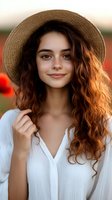Young woman with curly auburn hair wearing straw hat and white blouse smiling outdoors during golden hour sunset for lifestyle and fashion content.