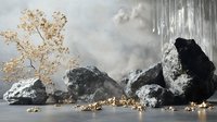 Dramatic composition with golden tree branch against dark rocks and moody sky, metallic icicles hanging above, luxury minimal design setup for product display.