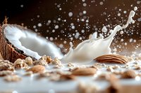 Fresh coconut milk splash with cracked coconut shell and almonds on wooden surface creating dynamic beverage photography for healthy nutrition concepts.