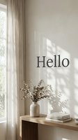 Minimalist interior with dried eucalyptus in a ceramic vase on a wooden shelf, soft natural light, sheer curtains, and Hello text on a beige wall.