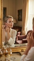 Elegant mature Caucasian woman putting on earrings while looking in ornate golden mirror in luxurious bedroom interior with warm lighting and classic decor.
