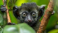 Curious baby lemur with wide amber eyes peering between branches in lush green rainforest habitat, showcasing endangered wildlife in natural environment.