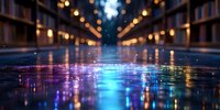 Magical evening reflection on wet pavement with hanging lights creating bokeh effect, colorful puddle mirrors urban nightlife with purple and blue hues.