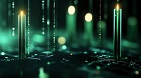 Glowing green digital columns rise from computer keyboard with bokeh light effects and shallow depth of field creating futuristic cybersecurity concept.