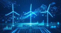 Digital wind turbines with glowing data streams and charts on blue grid background representing renewable energy technology and smart power analytics.