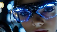 Close up portrait of young woman wearing futuristic glowing blue glasses against dark background with bokeh lights, cyberpunk style fashion concept.