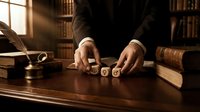 Professional lawyer or judge hands rolling dice on wooden desk in traditional law office with legal books and gavel, representing legal gambling and risk.