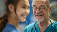 Senior male medical professional in scrubs smiling warmly while interacting with young Asian female colleague in hospital setting, representing healthcare teamwork and mentorship.