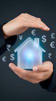 Hands protecting glowing house icon with currency symbols representing home insurance, real estate investment, property protection and financial security.