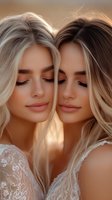 Two young blonde women with closed eyes in intimate moment wearing white lace clothing in warm golden light for beauty and friendship concepts.