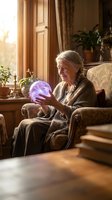 Senior Caucasian woman fortune teller holding glowing crystal ball in cozy living room with warm sunlight streaming through window creating mystical atmosphere.