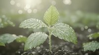 Young green plant seedling with water drops growing from soil in soft morning light with bokeh effect in background. Nature awakening concept.