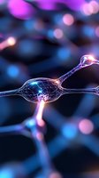 Glowing neural network connections with pink and blue light effects against dark background, showing synaptic activity and brain cell communication.